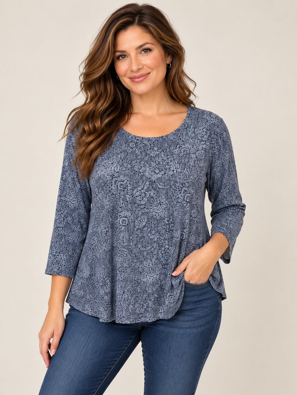 NEW! Pure Jill XL NWT Blue Floral Pima Cotton Shirttail Long Sleeve Tee